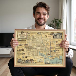 May include: A framed historical map of Baltimore featuring a light tan background with black ink illustrations of city landmarks, ships, and street grids. The map includes detailed text labels and decorative borders within a simple wooden frame.