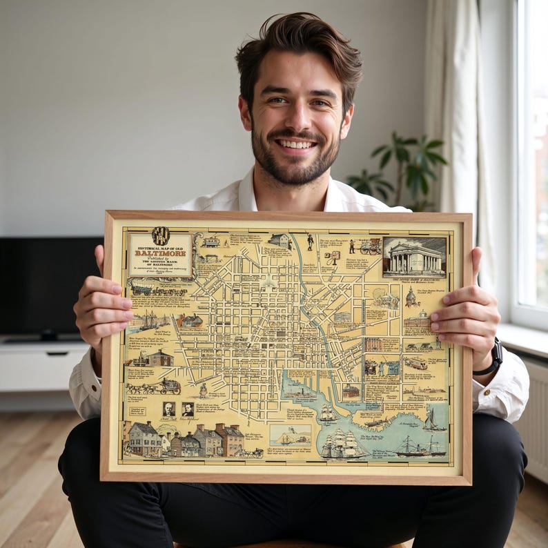 May include: A framed historical map of Baltimore featuring a light tan background with black ink illustrations of city landmarks, ships, and street grids. The map includes detailed text labels and decorative borders within a simple wooden frame.