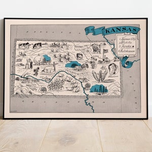 Karte von Bundesstaat Kansas| Gerahmtes Wandbild| Kansas Karte Poster | Kansas Wandkunst| Leinwandbild | Vintage Karte Art