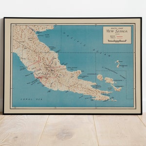 Landkarte Südost-Neuguinea 1942| Wand Kunstdruck | Poster Alte Karte von Neuguinea| Fertig zum Aufhängen Leinwand Karte für Wand-Dekor | Gerahmtes Wandbild