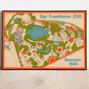Mapa pictórico del zoológico de Frankfurt en 1946/ Impresión de arte de la pared del hogar/ Cartel de mapa vintage / Arte de la pared de Frankfurt / Arte de la pared del lienzo / Cartel vintage
