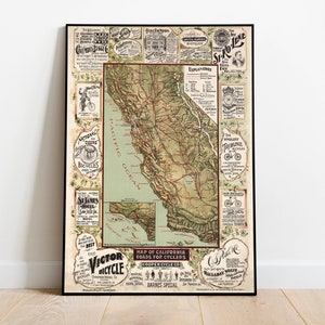 Kaart van Californië| Wegen voor fietsers| Fietskaart van Californië| Geïllustreerde fietsroutekaart| Antieke kaart van Californië| Fietskaart uit 1896
