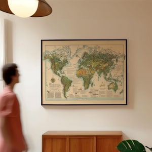 La carte du monde montre le travail de l'homme, les trésors et les biens économiques de la Terre, affiche encadrée, impression d'art mural, impression d'art sur toile, décoration murale