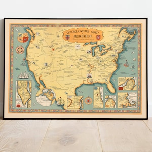 Booklovers Karte von Amerika 1926| Übersichtskarte bestimmter Sehenswürdigkeiten der literarischen Geographie| Vintage USA Karte Druck | Leinwandbild | Buchliebhaber Geschenk