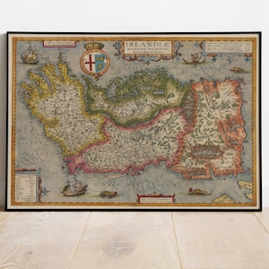 Irland Karte Wandbild | 1609 Irland Landkarte| Posterdruck | Kunstdruck auf Leinwand | Alte Karte Wand Kunst Poster | Gerahmte Landkarte als Wanddeko