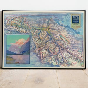Bildliche Karte von Jasper National Park und Mount Robson Park| Karte Wanddeko | Karte Wandkunst| Posterdruck | Gerahmter Kunstdruck| Leinwanddruck Karte