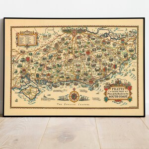 England Karte Druck| Kunstgeschichte| 1936 Südküste Karte Wand Kunst| Gerahmte Wandkunst| Leinwandbild| Poster Kunst| Drucke Wandkunst| Karte Wandbilder