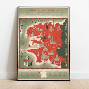 Mapa histórico de Finisterre/ Decoración de pared de mapa antiguo/ Arte de pared de mapa vintage/ Impresión de póster/ Impresión de arte enmarcado/ Mapa de impresión de lienzo