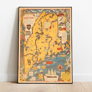 Eine dekorative Karte des Bundesstaates Maine | Alter Dirigo| Alte Landkarte Poster| Leinwand Wand Kunst | Maine Wandkunst | Wandbild | Plakat-Vintage