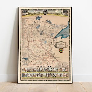 Mapa histórico do estado de Minnesota | Impressões de parede de mapas de Minnesota | Arte de parede em tela de Minnesota | Decoração de parede com pôster de mapa antigo