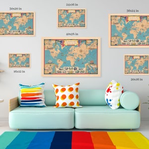 May include: A collection of six framed world maps titled The Battle Map of History and Power, displayed in various sizes from 16x12 inches to 40x28 inches. The maps feature a blue ocean, tan continents, and decorative illustrations of ships and landmarks.