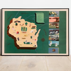 Historische Karte von Wisconsin| Wisconsin Karte Wand Print | USA Karten Wanddeko | Leinwandbild Fertig zum Aufhängen | Gerahmter Kunstdruck| Landkarte Wandposter