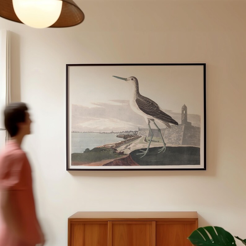May include: A framed print of a bird with a long beak and slender legs, set against a coastal landscape with a fortress. The artwork features muted tones of gray, blue, and beige, with a black frame. The print is displayed on a white wall above a wooden cabinet.