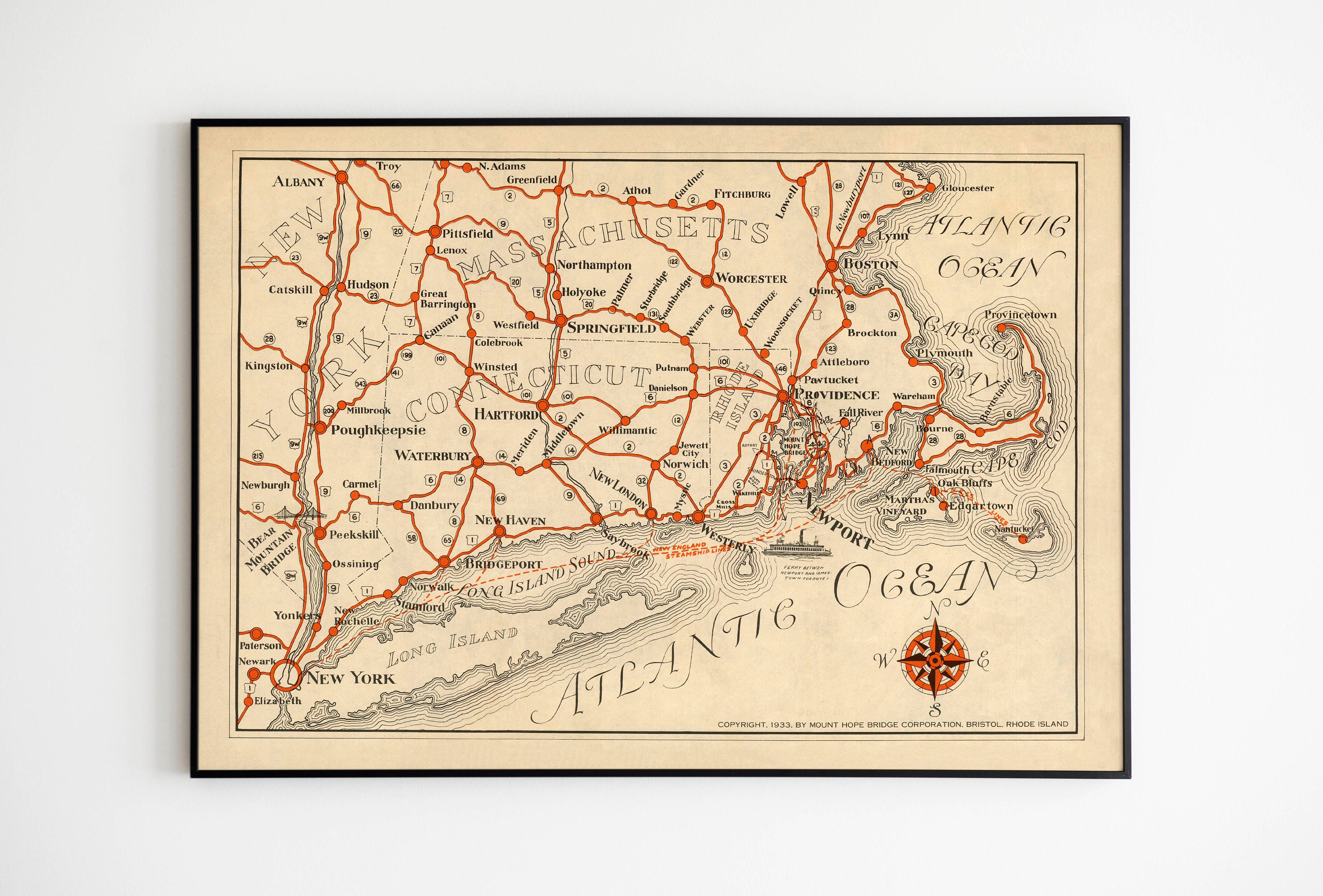 New England Kaart Muur Poster New England Map Canvas Wall Etsy