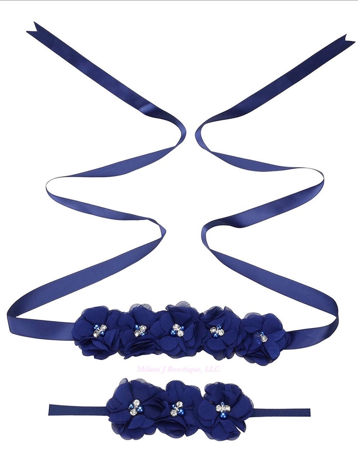 3944 Maternity Flower Sash Belt Headband Set, Women Girls Wedding Baby Rhinestone and Floral Maternity Flower Sash Headband Set  main image 2