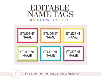 Editable Student Name Tags | Bright Rainbow Desk Labels | Printable Classroom Template | Canva Download