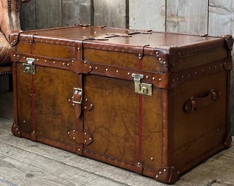 Bespoke Leather Campaign Trunk Storage Chest: Vintage Steamer Ottoman Furniture