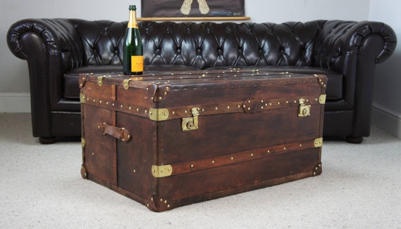 Large Antique Inspired Leather Coffee Table Trunk - Large Trunk Coffee Table Large Antique Inspired Leather Coffee Table Trunk - Large Trunk Coffee Table