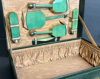 Vintage Green Leather Vanity Travel Suitcase