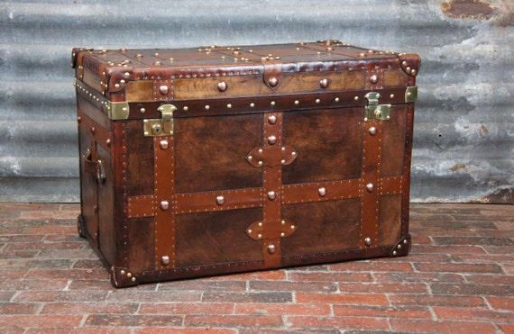 Antique Inspired English Leather Steamer Trunk Interior Coffee Etsy