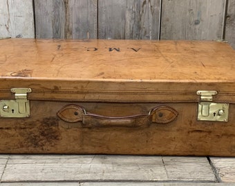 Huge Gunsmiths Handmade Tan Leather Suitcase Brass Corners