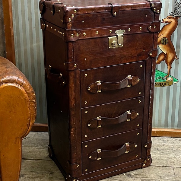 Luxury Handmade Tall Boy Leather 3 Draw Console End Table Trunk