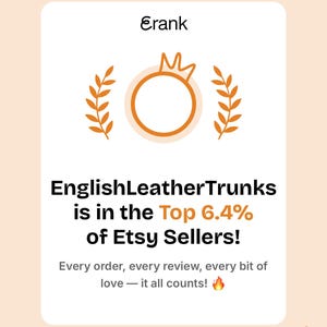 Puede incluir: Gr&aacute;fico de color melocot&oacute;n claro con el texto "Erank" en la parte superior. El texto "EnglishLeatherTrunks est&aacute; en el Top 6,4% de los vendedores de Etsy" se muestra a continuaci&oacute;n. La frase "Cada pedido, cada rese&ntilde;a, cada poco de amor, &iexcl;todo cuenta!" est&aacute; en la parte inferior.