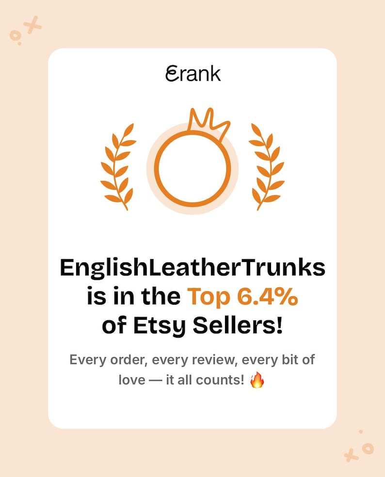 Puede incluir: Gr&aacute;fico de color melocot&oacute;n claro con el texto "Erank" en la parte superior. El texto "EnglishLeatherTrunks est&aacute; en el Top 6,4% de los vendedores de Etsy" se muestra a continuaci&oacute;n. La frase "Cada pedido, cada rese&ntilde;a, cada poco de amor, &iexcl;todo cuenta!" est&aacute; en la parte inferior.