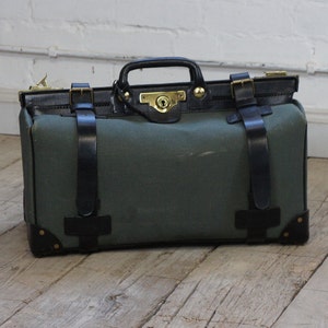 Quality English Gladstone Travel Bag Green Canvas Black Bridle leather