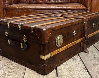 Antique Leather Trunk Coffee Table: XL Steamer Storage Chest