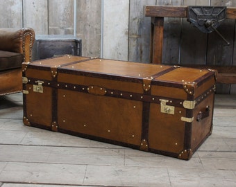 Large Tan Leather Handmade Coffee Table Trunk.