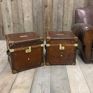 Antique Leather Matching Pair of Occasional Side Table Trunks image 2