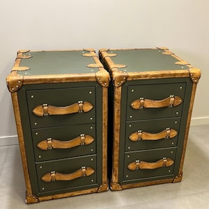 Leather Bedside Table Pair, Olive Green Tan Trimmed Campaign Style Nightstands, Master Bedroom