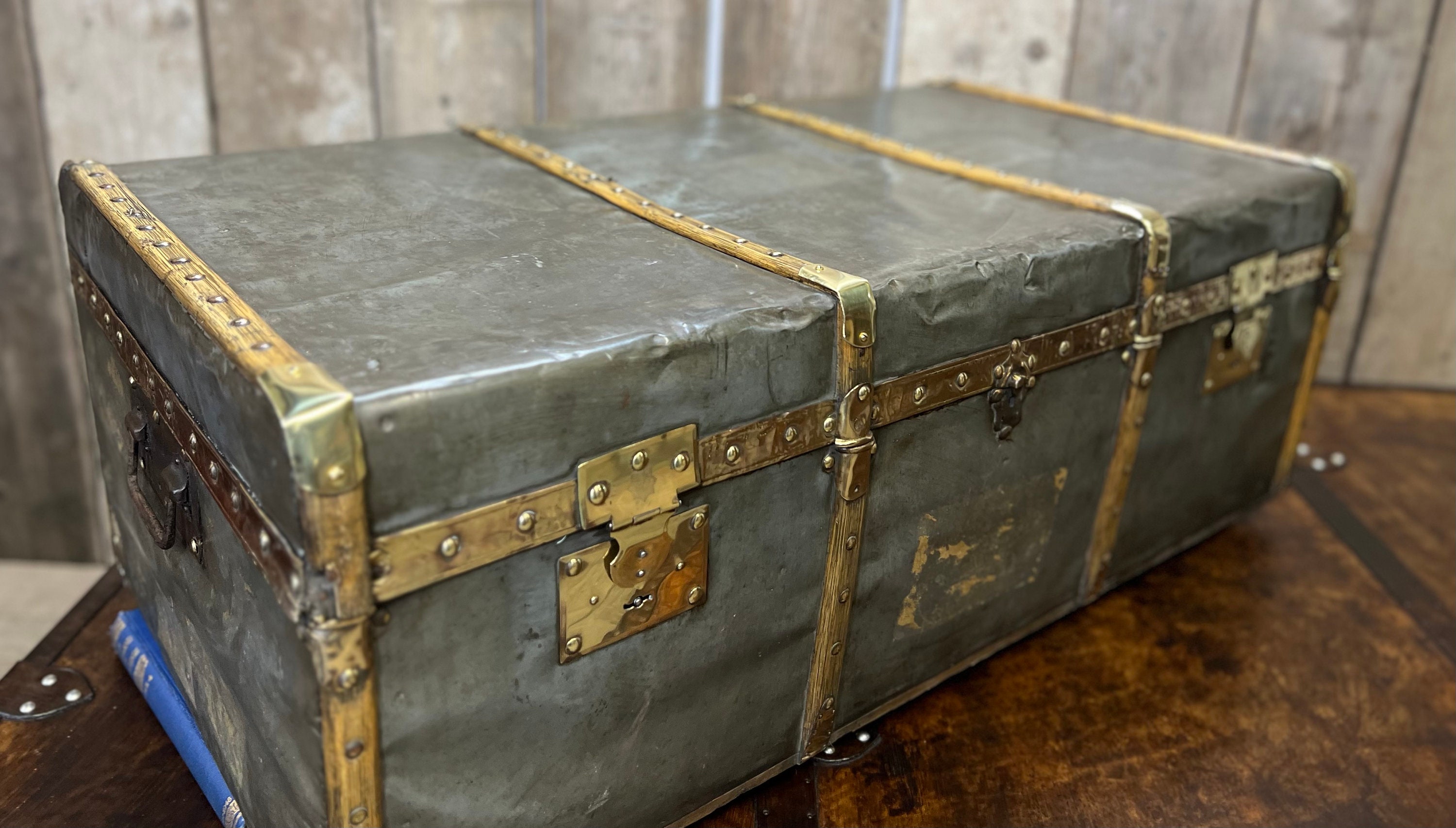 Rare Antique Zinc & Brass Travel Trunk Tropical Travel 