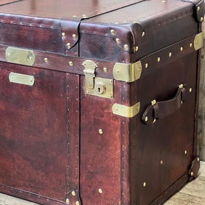 Handcrafted Storage Trunk Leather Chest Campaign Style Furniture Travel Inspired Design Premium Quality Construction English Craftsmanship Hand Dyed Bridle Leather Brass Fittings Console Table Side Furniture Living Room Bedroom Accent
