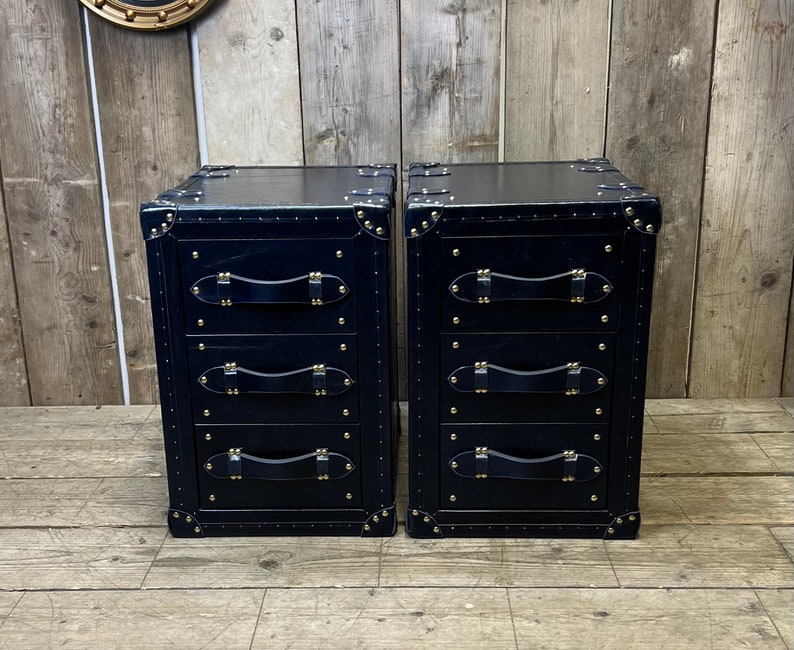 Handcrafted Dark Navy Blue Luxury Bedside Leather Nightstands zdjęcie 3