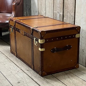 English Luxury Tan Leather Dark Trimmed steamer trunk