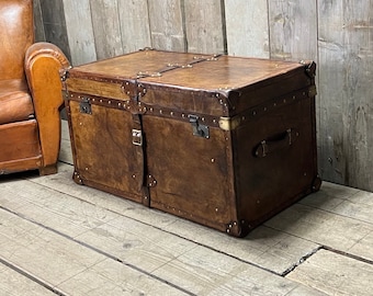 Luxury Coffee Table Trunk - Handmade Hand Dyed Leather Bound
