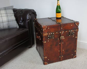 Finest English Occasional Side Table Trunk In Aged Tan Bridle Leather