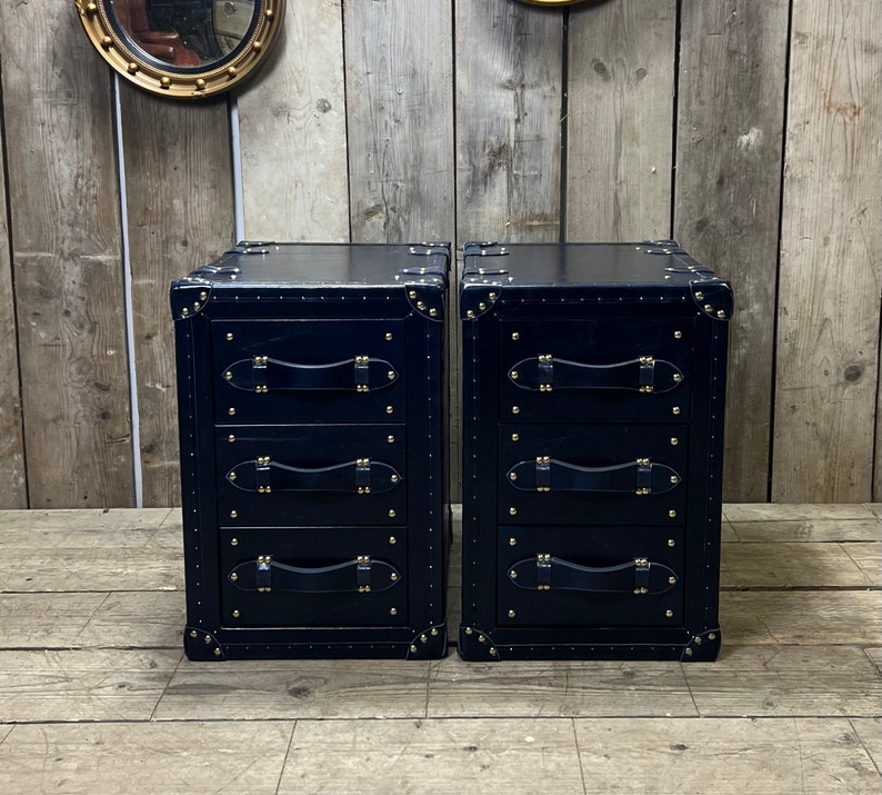 Handcrafted Dark Navy Blue Luxury Bedside Leather Nightstands zdjęcie 8