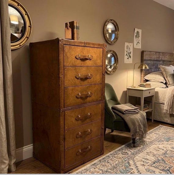 Bespoke Leather-wrapped Tallboy Chest of Drawers: London Tan Hardwood Furniture