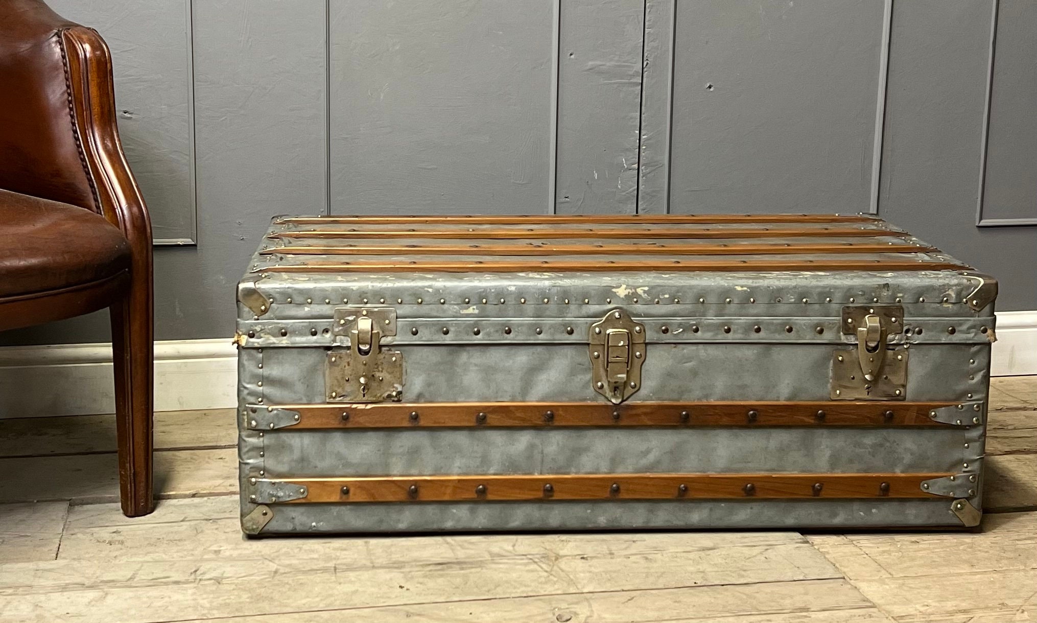 Antique Rare Zinc Covered Travel Trunk Chest Coffee Table 