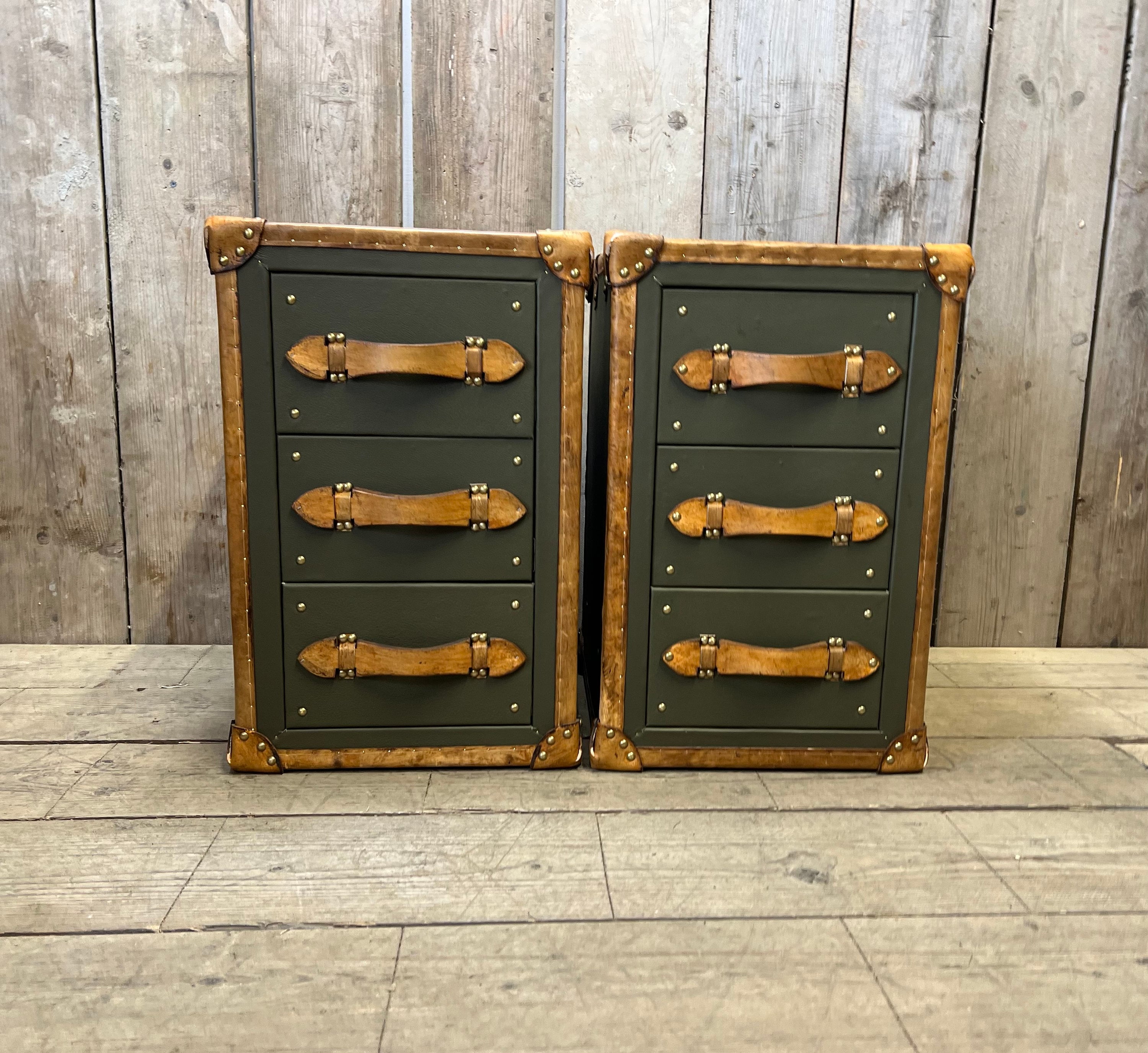 Luxury Olive Green Leather & Hand Dyed Leather Trim Nightstands Vanities Bedroom Decor