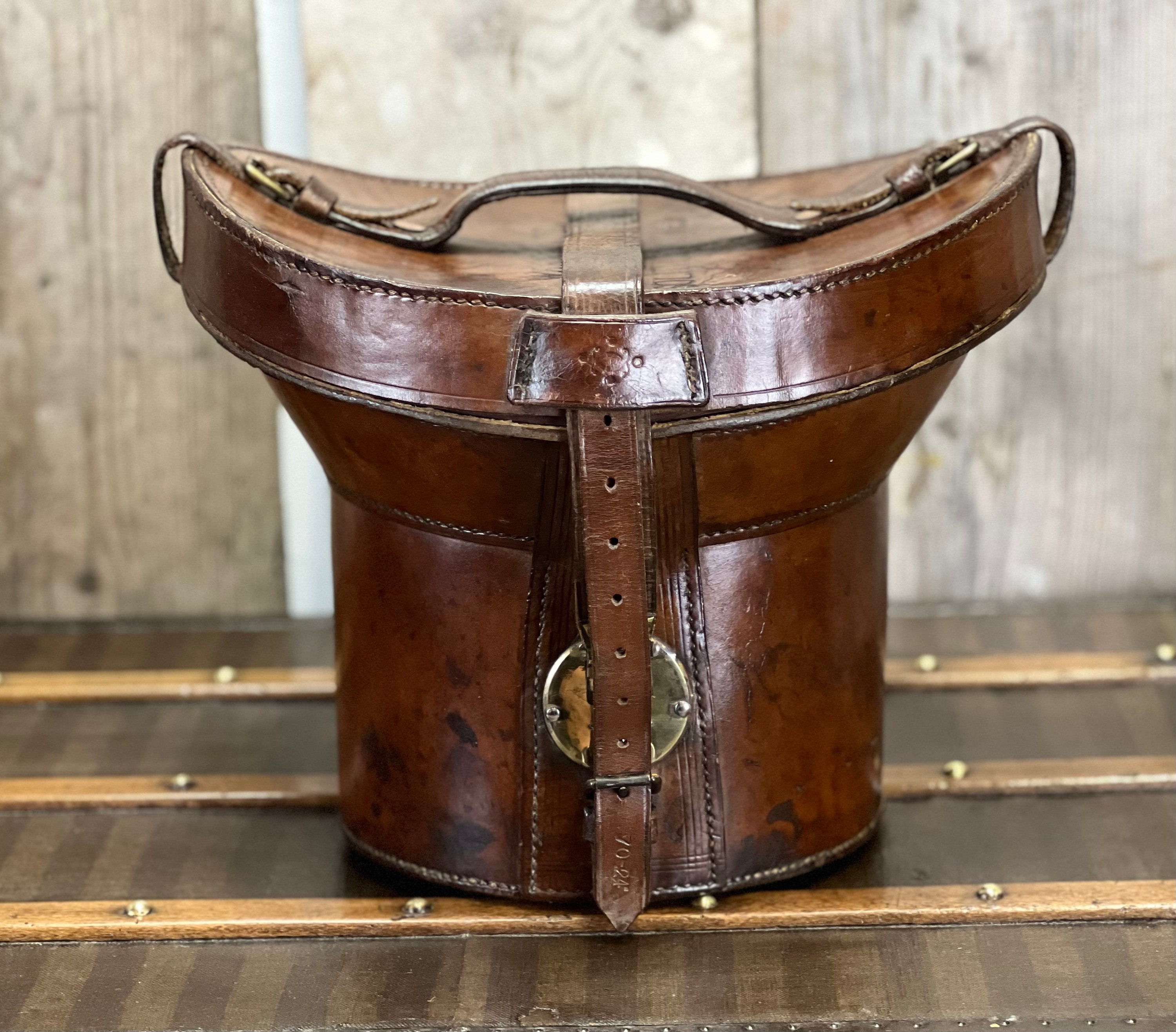 Antique Victorian Leather Hat Box With Top Hat 