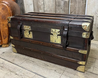 Beautiful Antique Travel Trunk Leather brass & Wood Coffee Table End Table Home Decor