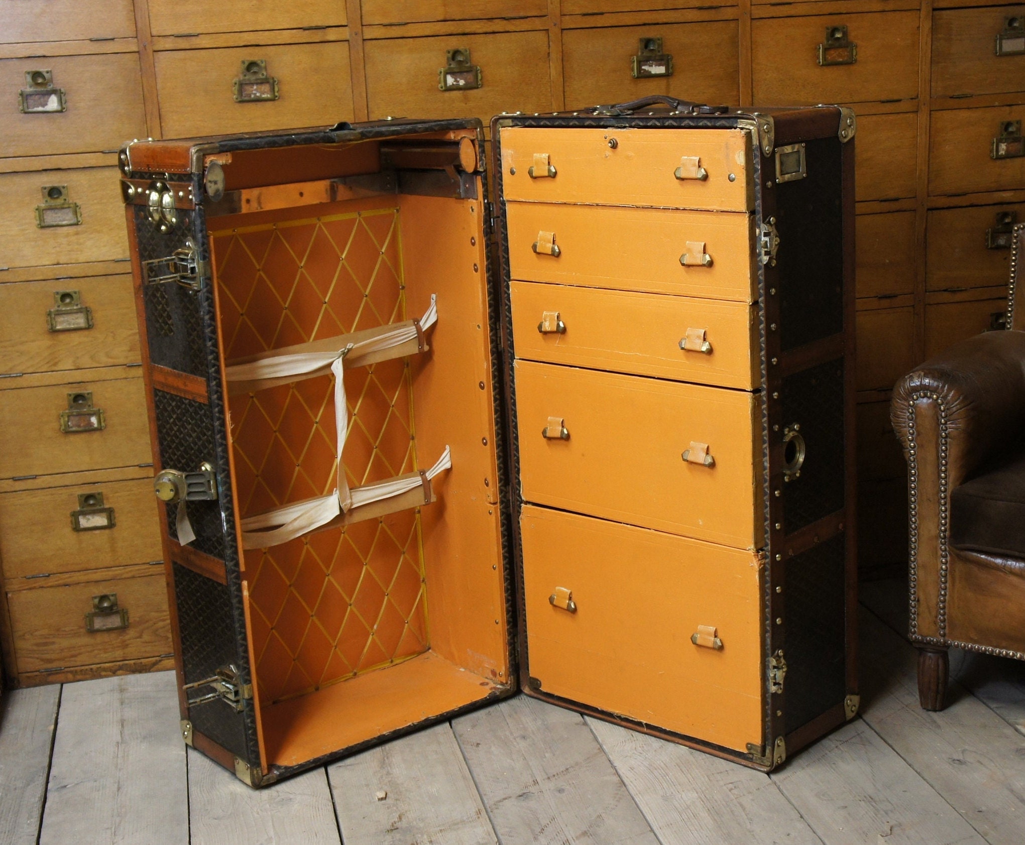Luxury Antique Wardrobe Trunk by Goyard With Key 