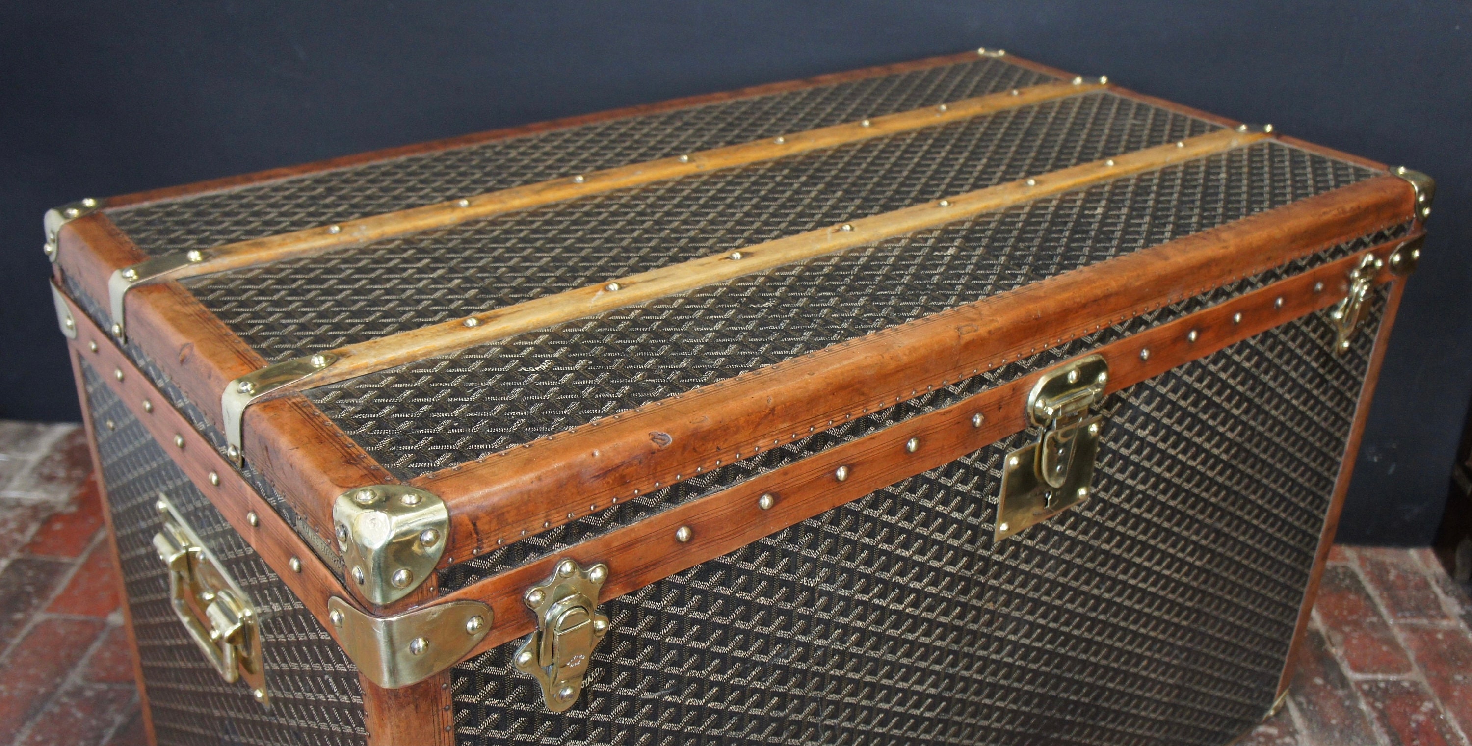 Impressive Huge Antique Goyard Steamer Trunk Tray & Liner 