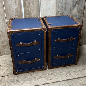 Pebble Blue Hand Dyed Tan Leather End Tables Bed Side Trunks Draws Bedroom Furniture