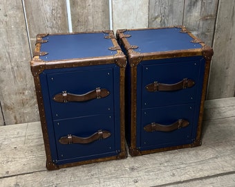 Pebble Blue Hand Dyed Tan Leather End Tables Bed Side Trunks Draws Bedroom Furniture
