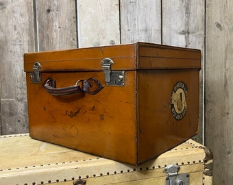 Antique English Luxury Leather Hatbox Suitcase, Silk Lined